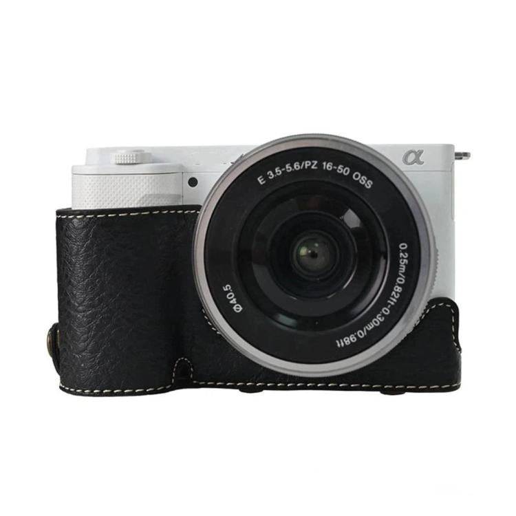 For Sony ZV-E10 Vintage PU Leather Camera Case Bag Retro Lychee Pattern Protective Cover with Shoulder Strap