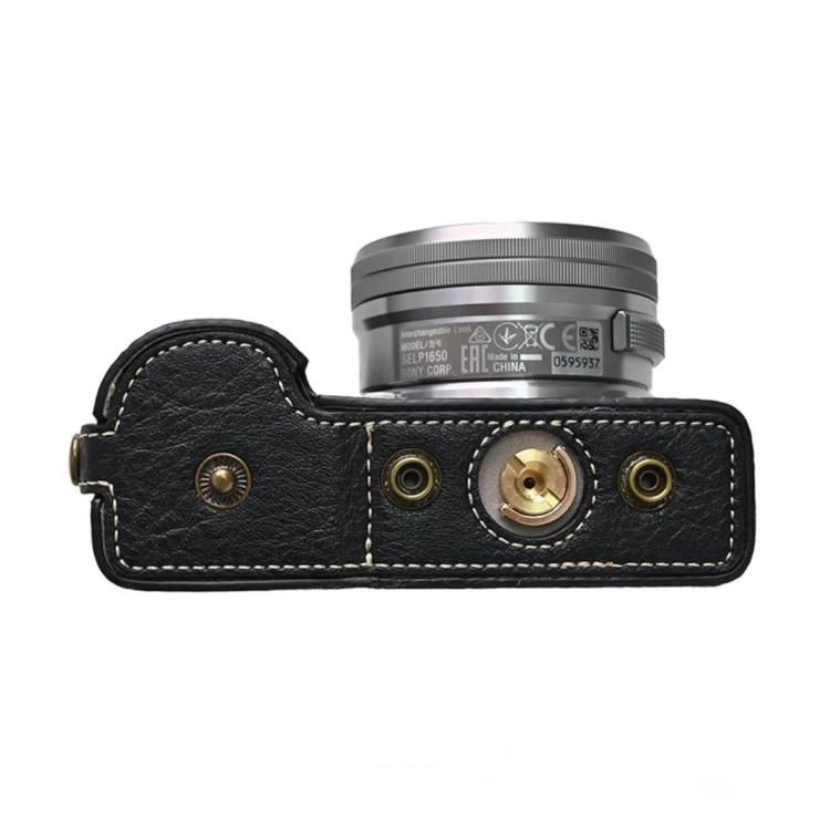 For Sony ZV-E10 Vintage PU Leather Camera Case Bag Retro Lychee Pattern Protective Cover with Shoulder Strap