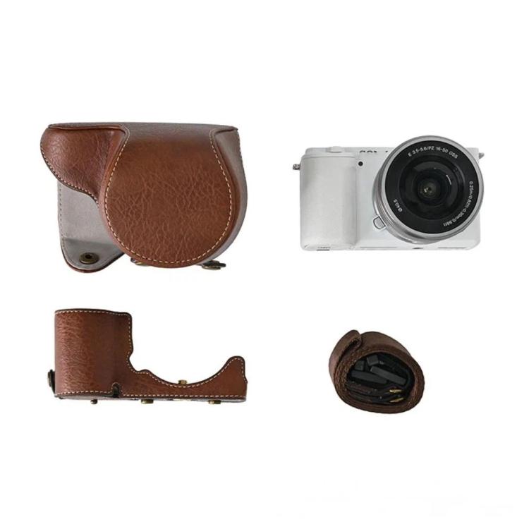 For Sony ZV-E10 Vintage PU Leather Camera Case Bag Retro Lychee Pattern Protective Cover with Shoulder Strap