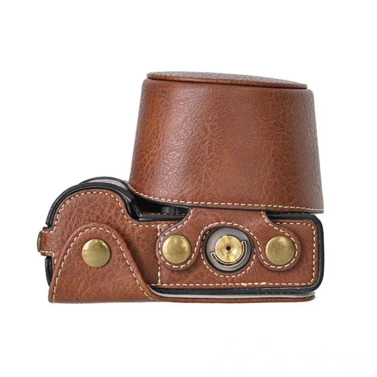 For Sony ZV-E10 Vintage PU Leather Camera Case Bag Retro Lychee Pattern Protective Cover with Shoulder Strap
