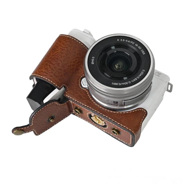 For Sony ZV-E10 Vintage PU Leather Camera Case Bag Retro Lychee Pattern Protective Cover with Shoulder Strap