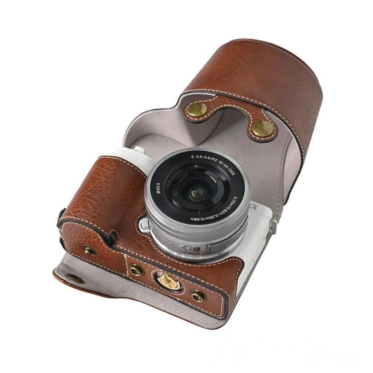 For Sony ZV-E10 Vintage PU Leather Camera Case Bag Retro Lychee Pattern Protective Cover with Shoulder Strap
