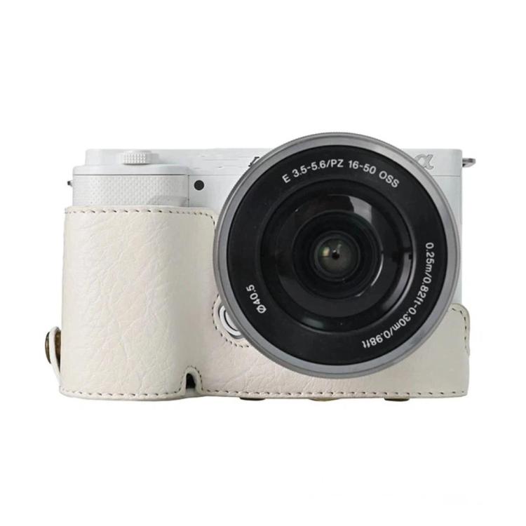 For Sony ZV-E10 Vintage PU Leather Camera Case Bag Retro Lychee Pattern Protective Cover with Shoulder Strap