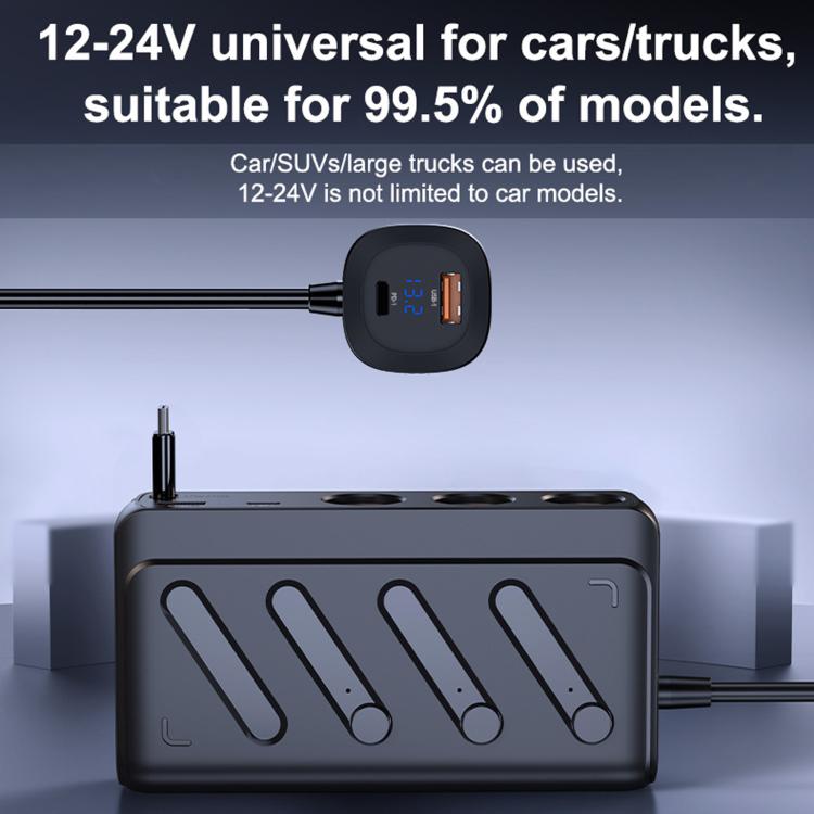C29S-L 9 In 1 Multifunctional 187W Car Charger PD 45W 3-Port Cigarette Lighter Adapter Car Charger - Black