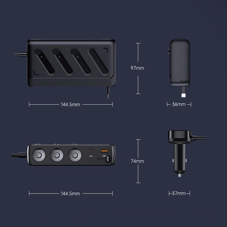 C29S-L 9 In 1 Multifunctional 187W Car Charger PD 45W 3-Port Cigarette Lighter Adapter Car Charger - Black