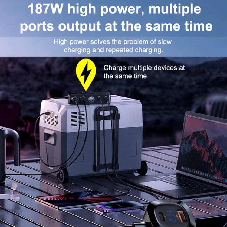 C29S-L 9 In 1 Multifunctional 187W Car Charger PD 45W 3-Port Cigarette Lighter Adapter Car Charger - Black