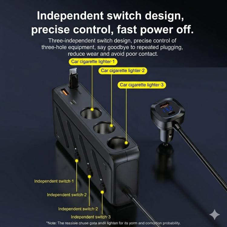 C29S-L 9 In 1 Multifunctional 187W Car Charger PD 45W 3-Port Cigarette Lighter Adapter Car Charger - Black