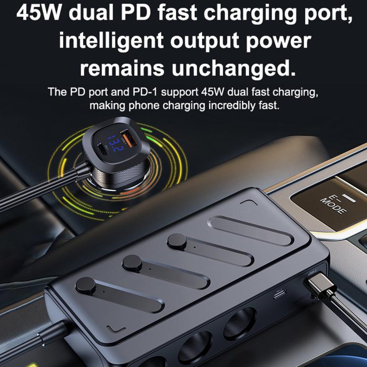 C29S-L 9 In 1 Multifunctional 187W Car Charger PD 45W 3-Port Cigarette Lighter Adapter Car Charger - Black