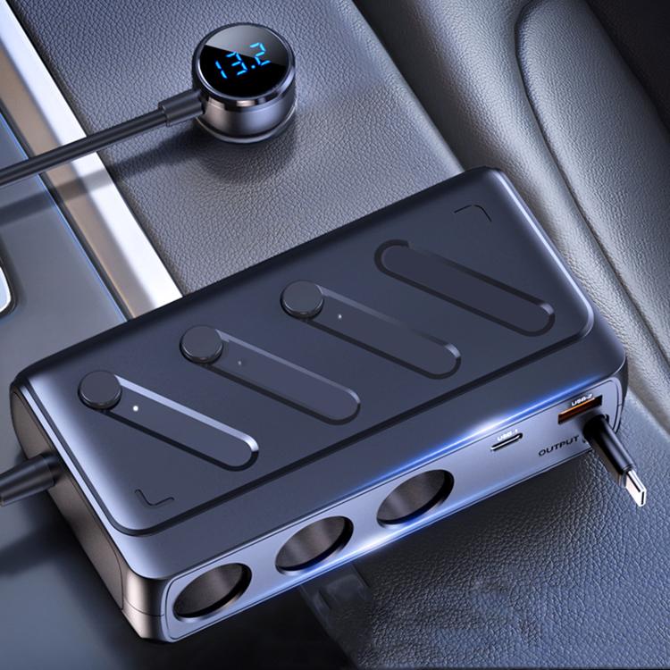C29-L 142W Car Charger With Retractable Cable 6 In 1 Multifunctional Charger With Cable - Black