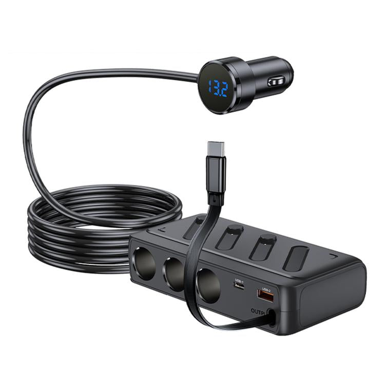C29-L 142W Car Charger With Retractable Cable 6 In 1 Multifunctional Charger With Cable - Black