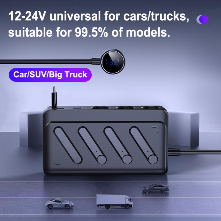 C29-L 142W Car Charger With Retractable Cable 6 In 1 Multifunctional Charger With Cable - Black