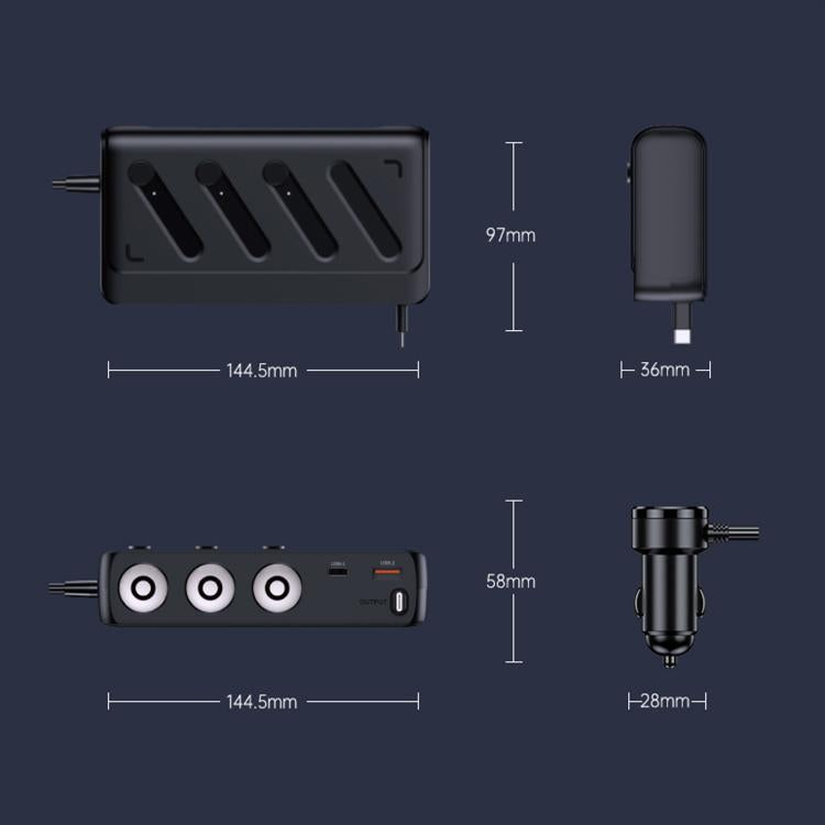 C29-L 142W Car Charger With Retractable Cable 6 In 1 Multifunctional Charger With Cable - Black