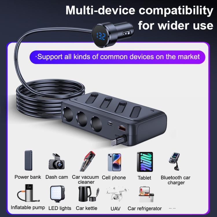 C29-L 142W Car Charger With Retractable Cable 6 In 1 Multifunctional Charger With Cable - Black