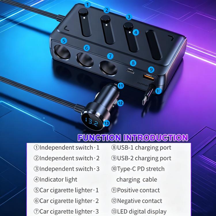C29-L 142W Car Charger With Retractable Cable 6 In 1 Multifunctional Charger With Cable - Black
