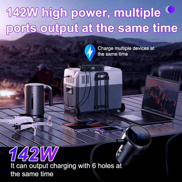 C29-L 142W Car Charger With Retractable Cable 6 In 1 Multifunctional Charger With Cable - Black