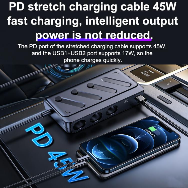 C29-L 142W Car Charger With Retractable Cable 6 In 1 Multifunctional Charger With Cable - Black