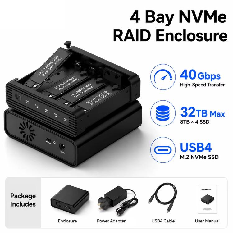 Blueendless USB4 NVMe M.2 SSD Enclosure, 40Gbps 4-Bay External Solid State Drive Case, Support Soft RAID 0/1/5, 32TB Capacity UK Plug