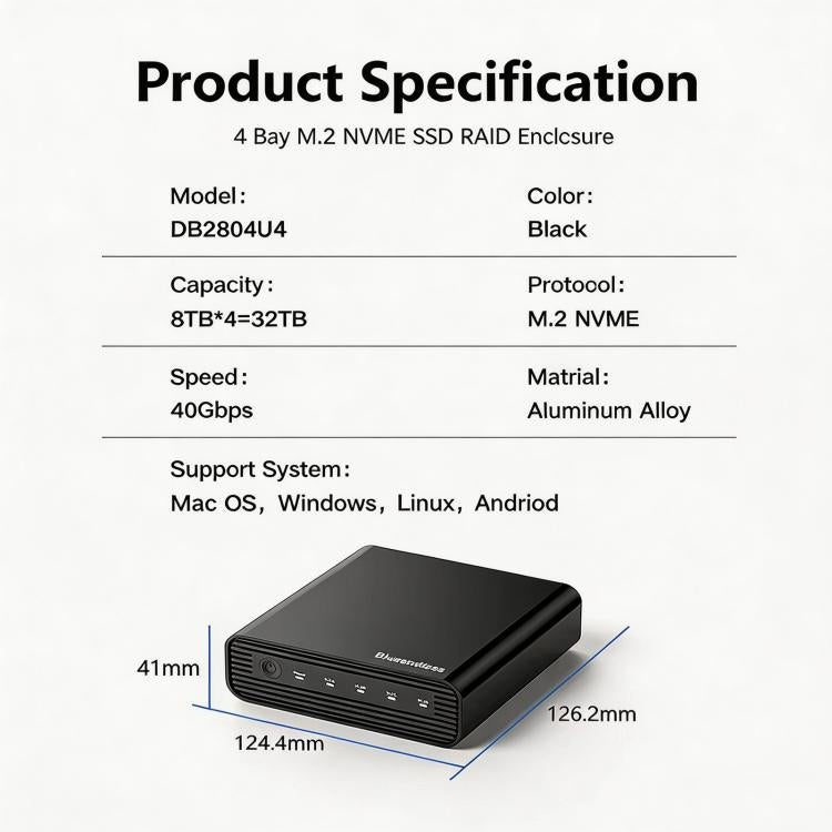 Blueendless USB4 NVMe M.2 SSD Enclosure, 40Gbps 4-Bay External Solid State Drive Case, Support Soft RAID 0/1/5, 32TB Capacity AU Plug