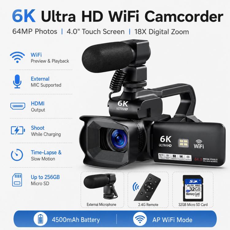 64MP 6K 18X Digital Zoom Camcorder Video Camera With 4-Inch Touch Screen, Microphone & LED Light 32G