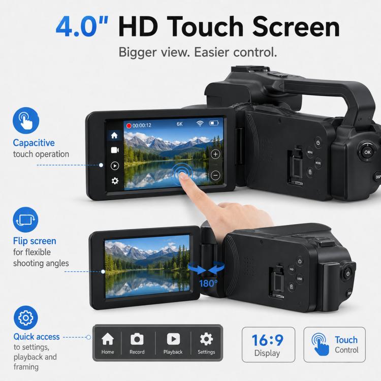 64MP 6K 18X Digital Zoom Camcorder Video Camera With 4-Inch Touch Screen, Microphone & LED Light 256G