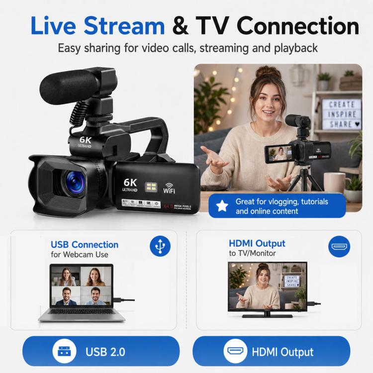 64MP 6K 18X Digital Zoom Camcorder Video Camera With 4-Inch Touch Screen, Microphone & LED Light 128G