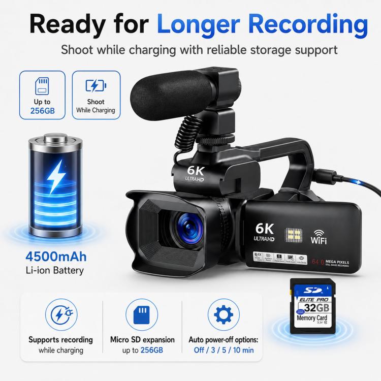 64MP 6K 18X Digital Zoom Camcorder Video Camera With 4-Inch Touch Screen, Microphone & LED Light 256G