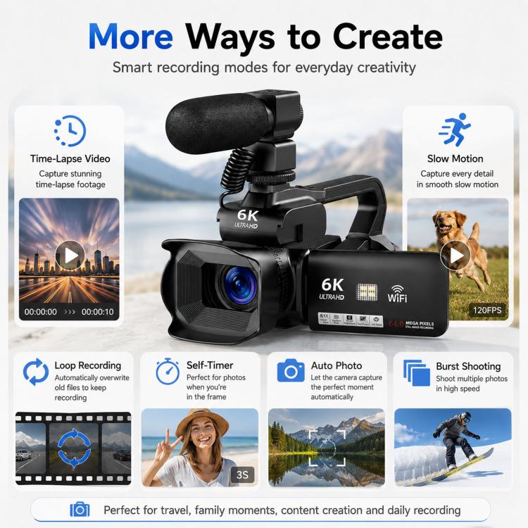 64MP 6K 18X Digital Zoom Camcorder Video Camera With 4-Inch Touch Screen, Microphone & LED Light 128G