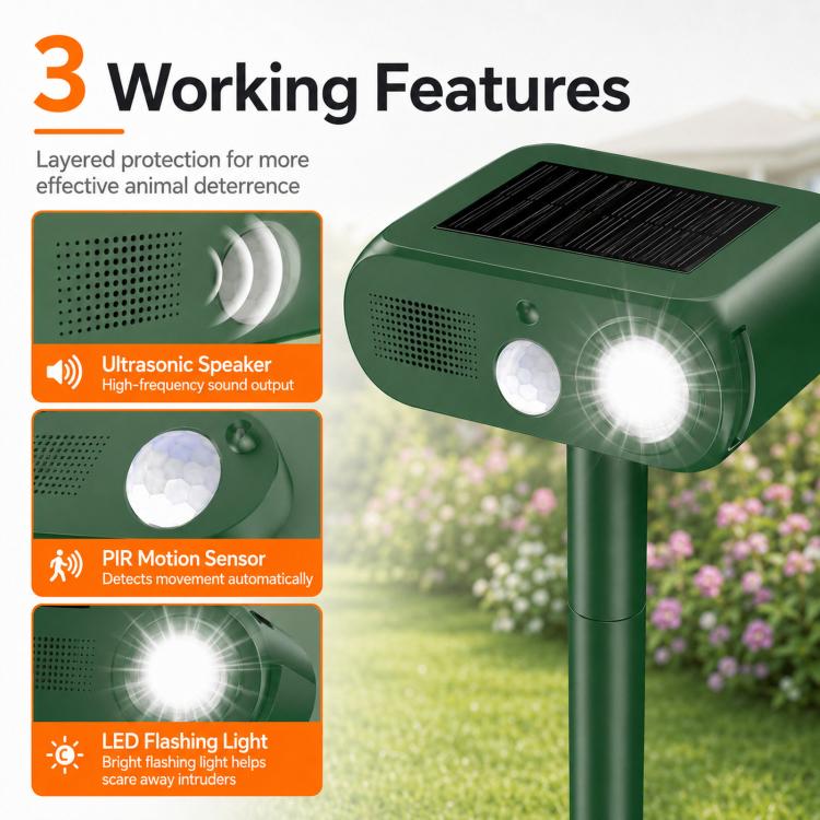 Solar Animal Repeller Outdoor Ultrasonic Cat Deterrent Yard with PIR Motion Sensor 4 Modes Ultrasonic Bird Deterrent Garden Dog Repeller with LED Flashing Light - Green