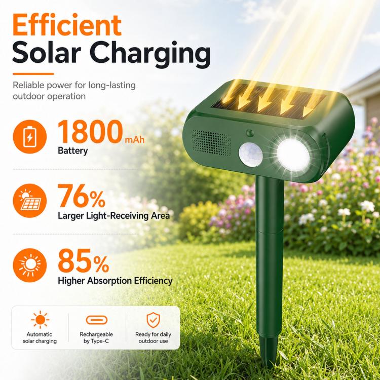 Solar Animal Repeller Outdoor Ultrasonic Cat Deterrent Yard with PIR Motion Sensor 4 Modes Ultrasonic Bird Deterrent Garden Dog Repeller with LED Flashing Light - Green