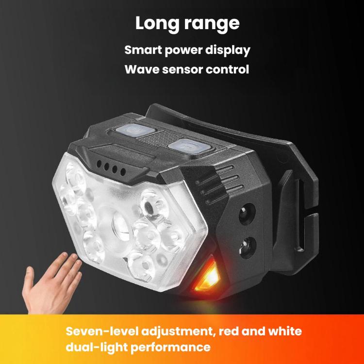GY26 9LED Smart Motion-Sensor Headlamp, Outdoor COB Red Warning Waterproof Night Fishing Light, Style: Battery