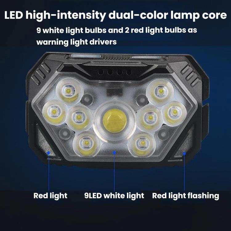 GY26 9LED Smart Motion-Sensor Headlamp, Outdoor COB Red Warning Waterproof Night Fishing Light, Style: Battery