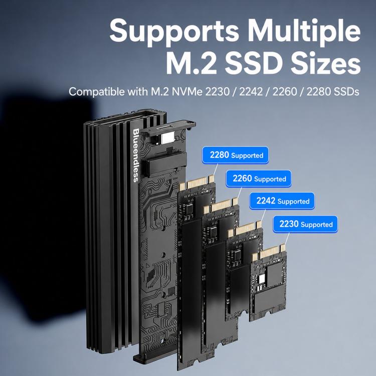 Blueendless M6NA 20Gbps M.2 NVMe SSD Enclosure, USB 3.2 Gen 2x2 Type-C External Hard Drive Case, Aluminum Case For 2230/2242/2260/2280 Up To 8TB - Black