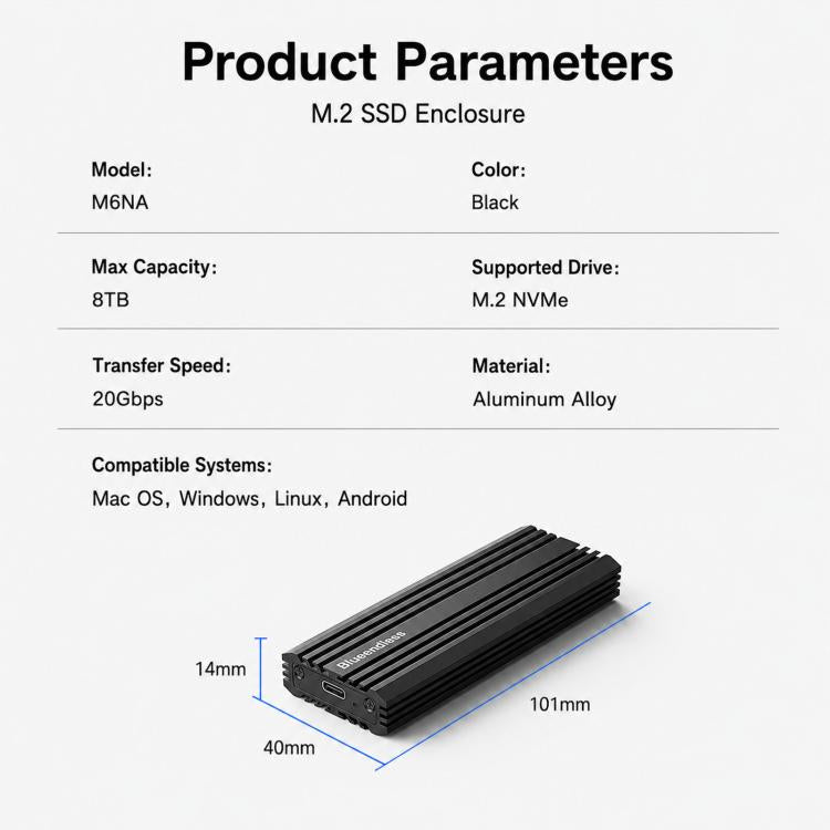 Blueendless M6NA 20Gbps M.2 NVMe SSD Enclosure, USB 3.2 Gen 2x2 Type-C External Hard Drive Case, Aluminum Case For 2230/2242/2260/2280 Up To 8TB - Black
