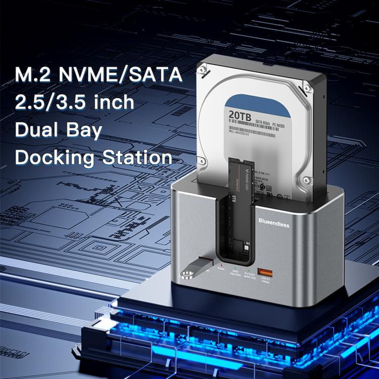 Blueendless HD01SN Dual Bay Docking Station For M.2 NVMe/SATA SSD And 2.5/3.5 SATA HDD, 10Gbps Multi-Drive Reader With 2 USB Hub Ports, Support 28TB US Plug