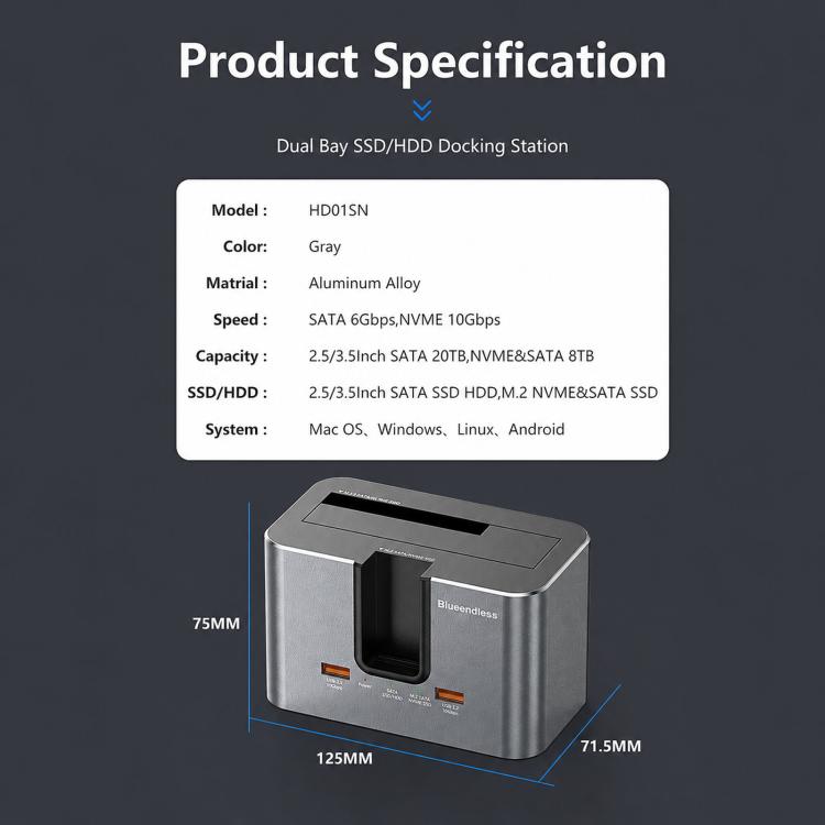 Blueendless HD01SN Dual Bay Docking Station For M.2 NVMe/SATA SSD And 2.5/3.5 SATA HDD, 10Gbps Multi-Drive Reader With 2 USB Hub Ports, Support 28TB EU Plug