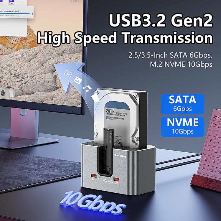 Blueendless HD01SN Dual Bay Docking Station For M.2 NVMe/SATA SSD And 2.5/3.5 SATA HDD, 10Gbps Multi-Drive Reader With 2 USB Hub Ports, Support 28TB US Plug