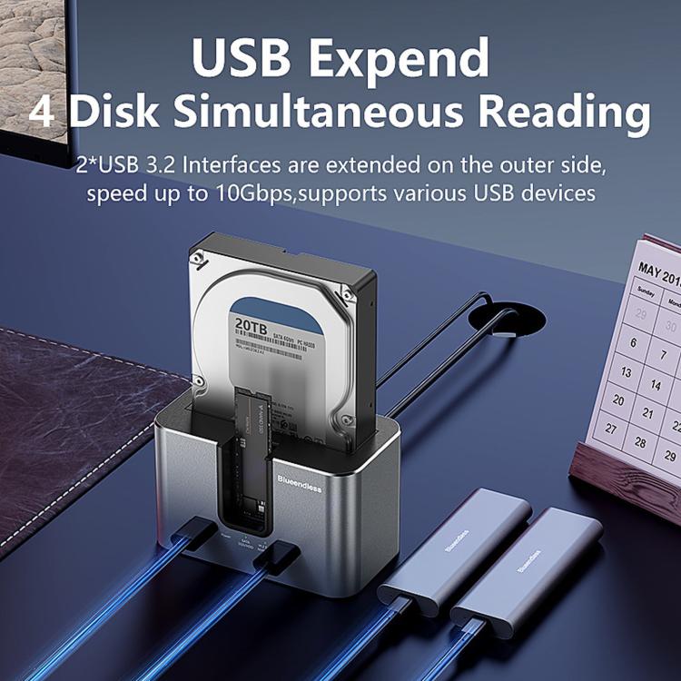 Blueendless HD01SN Dual Bay Docking Station For M.2 NVMe/SATA SSD And 2.5/3.5 SATA HDD, 10Gbps Multi-Drive Reader With 2 USB Hub Ports, Support 28TB EU Plug