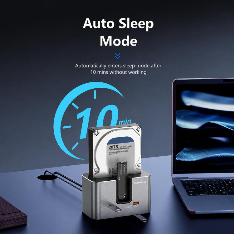 Blueendless HD01SN Dual Bay Docking Station For M.2 NVMe/SATA SSD And 2.5/3.5 SATA HDD, 10Gbps Multi-Drive Reader With 2 USB Hub Ports, Support 28TB US Plug