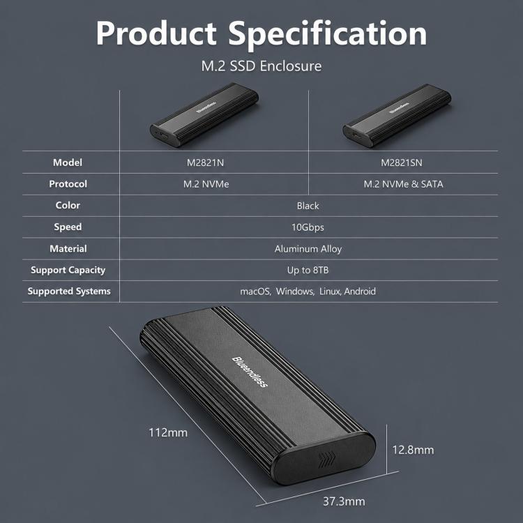 Blueendless 2821N M.2 NVME  SSD Enclosure 10Gbps Aluminum USB-C 3.2 Solid State Drives, Supports Max 8TB