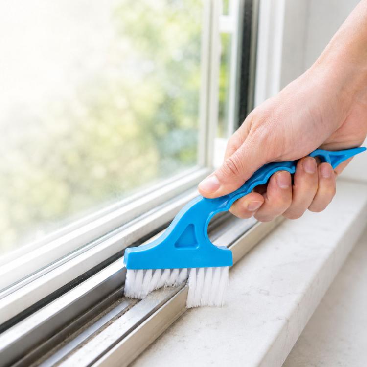 Window Track Cleaning Brush Swan-Neck Crevice Brush with Built-in Scraper, Hand-Held Groove Gap Cleaning Tools - Blue