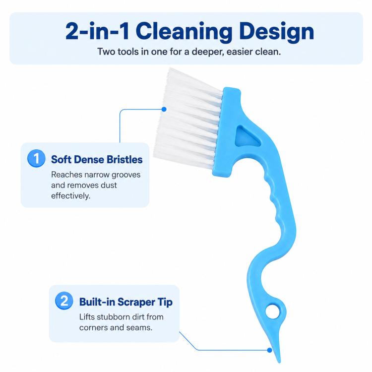 Window Track Cleaning Brush Swan-Neck Crevice Brush with Built-in Scraper, Hand-Held Groove Gap Cleaning Tools - Blue