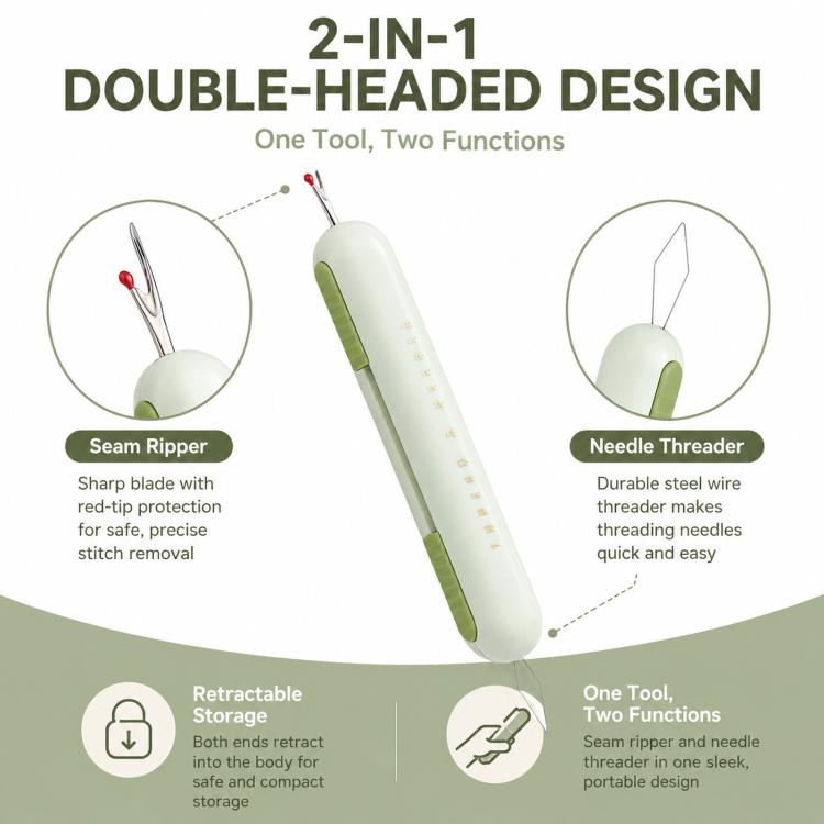 2-in-1 Seam Ripper and Needle Threader, Retractable Stitch Remover Tool for Hand Sewing, Double-Headed Threader & Seam Cutter - Green
