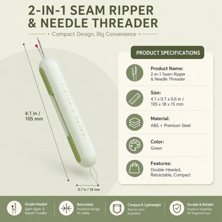 2-in-1 Seam Ripper and Needle Threader, Retractable Stitch Remover Tool for Hand Sewing, Double-Headed Threader & Seam Cutter - Green