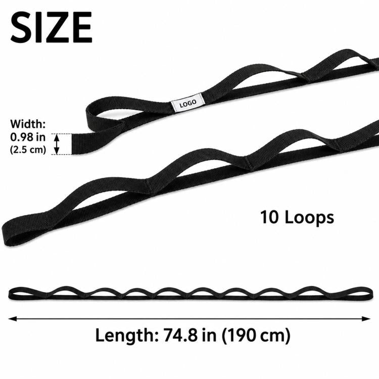 74.8-inch 10-Loop Yoga Stretch Strap Non-Elastic Stretching Strap for Physical Therapy, Hamstring Stretching, Pilates - Black
