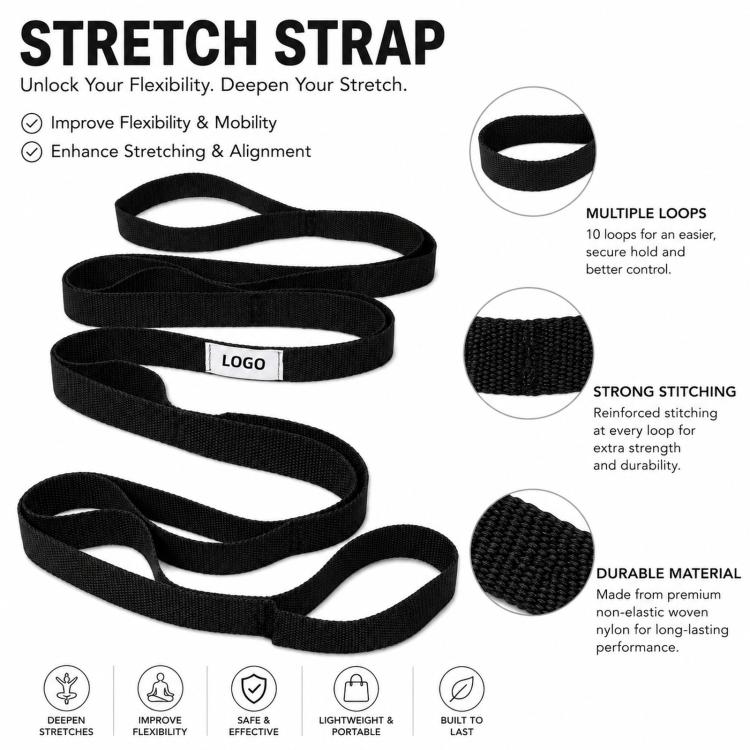 74.8-inch 10-Loop Yoga Stretch Strap Non-Elastic Stretching Strap for Physical Therapy, Hamstring Stretching, Pilates - Black
