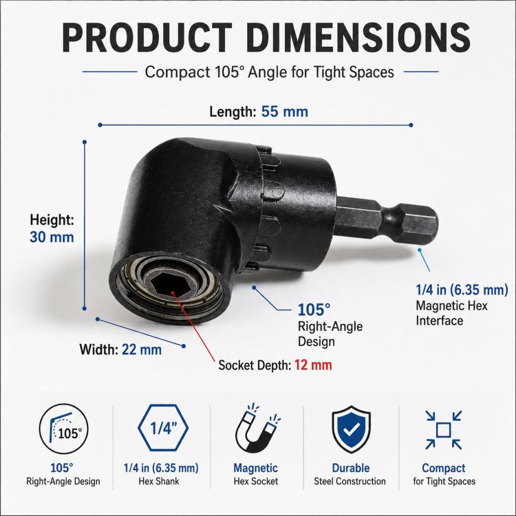 105 Degree Angle Drill Attachment 1/4 Inch Hex Shank Magnetic Angle Driver Adapter, Screwdriver Corner Tool - Black