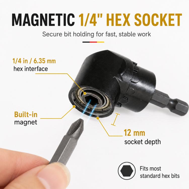 105 Degree Angle Drill Attachment 1/4 Inch Hex Shank Magnetic Angle Driver Adapter, Screwdriver Corner Tool - Black
