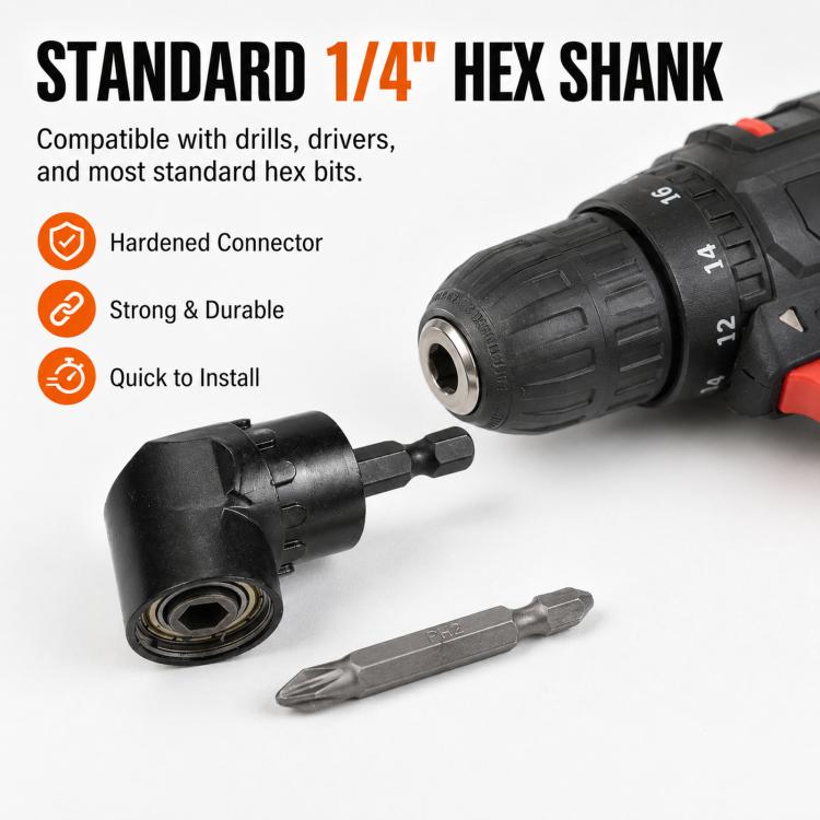 105 Degree Angle Drill Attachment 1/4 Inch Hex Shank Magnetic Angle Driver Adapter, Screwdriver Corner Tool - Black