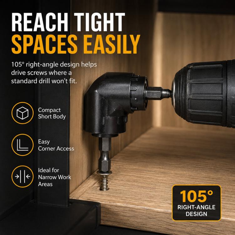 105 Degree Angle Drill Attachment 1/4 Inch Hex Shank Magnetic Angle Driver Adapter, Screwdriver Corner Tool - Black