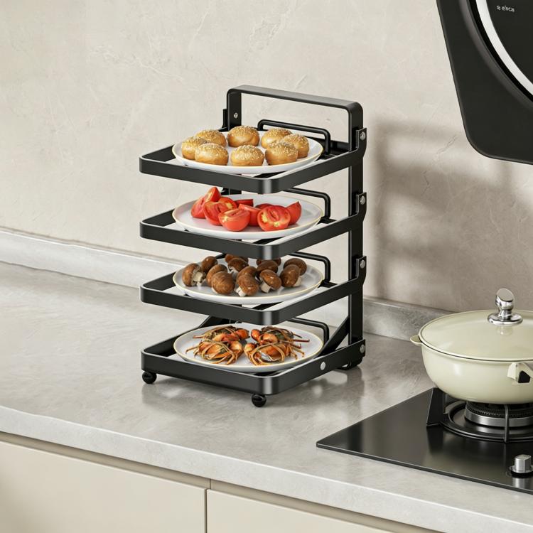 Multi-Tier Kitchen Food Preparation Rack Foldable Storage Rack, Color: Black 4-layer Desktop